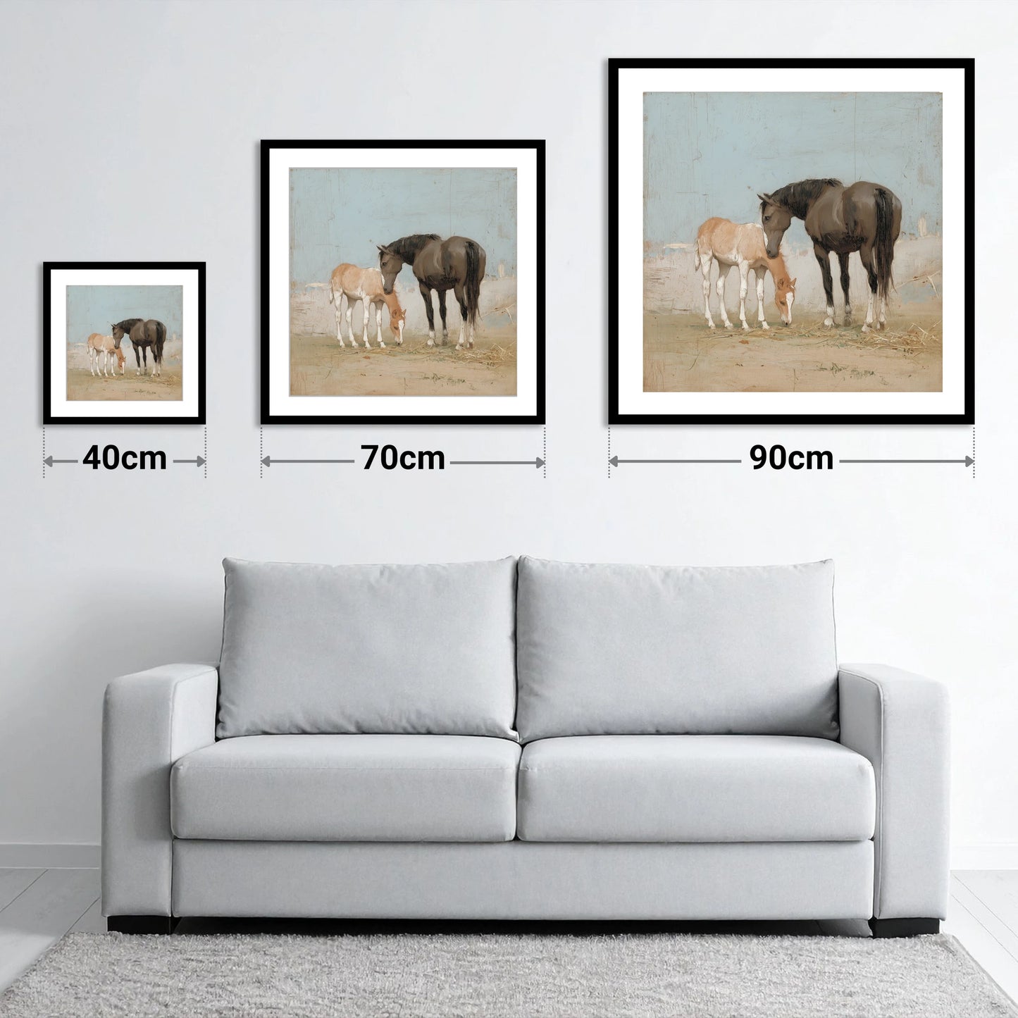 A Quiet Bond - size guide showing 40cm, 70cm and 90cm art prints