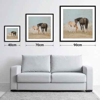 A Quiet Bond - size guide showing 40cm, 70cm and 90cm art prints