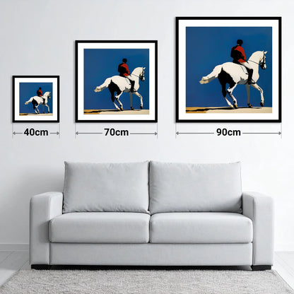 Scarlet Dressage Silhouette - size guide showing 40cm, 70cm and 90cm art prints