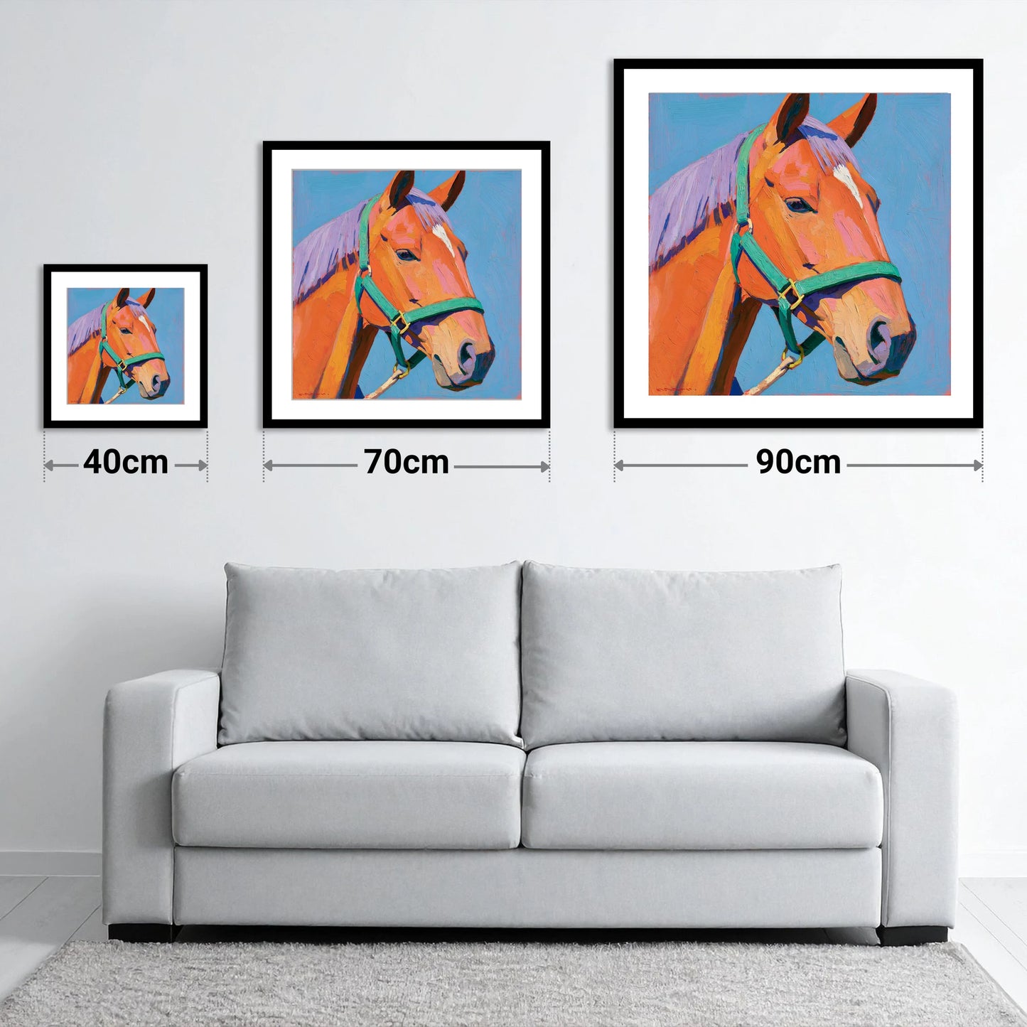 Colourful Chestnut Horse Portrait - size guide showing 40cm, 70cm and 90cm art prints