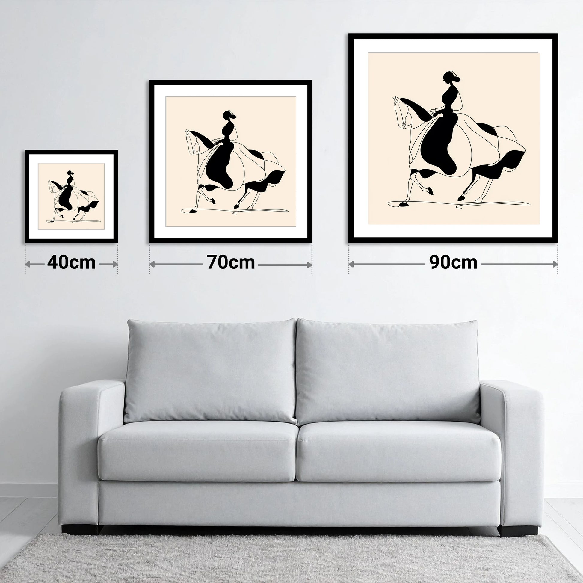 Fluid Elegance - size guide showing 40cm, 70cm and 90cm art prints