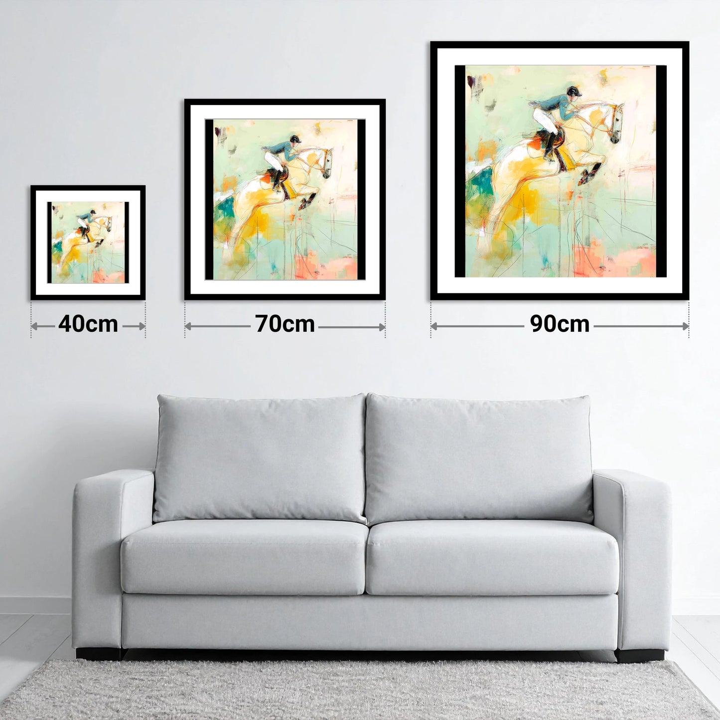 The Perfect Stride - size guide showing 40cm, 70cm and 90cm art prints
