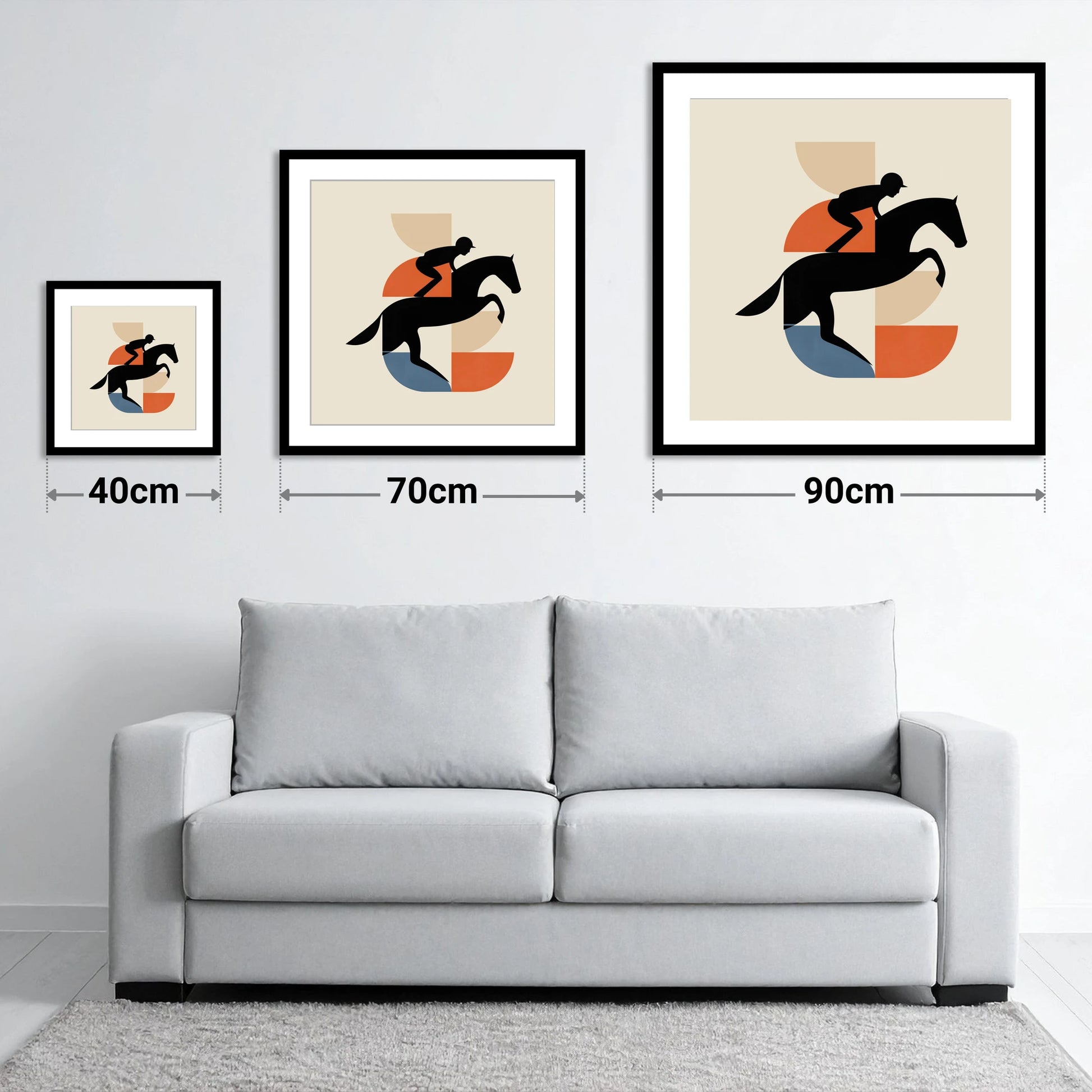 Geometric Steeplechase - size guide showing 40cm, 70cm and 90cm art prints