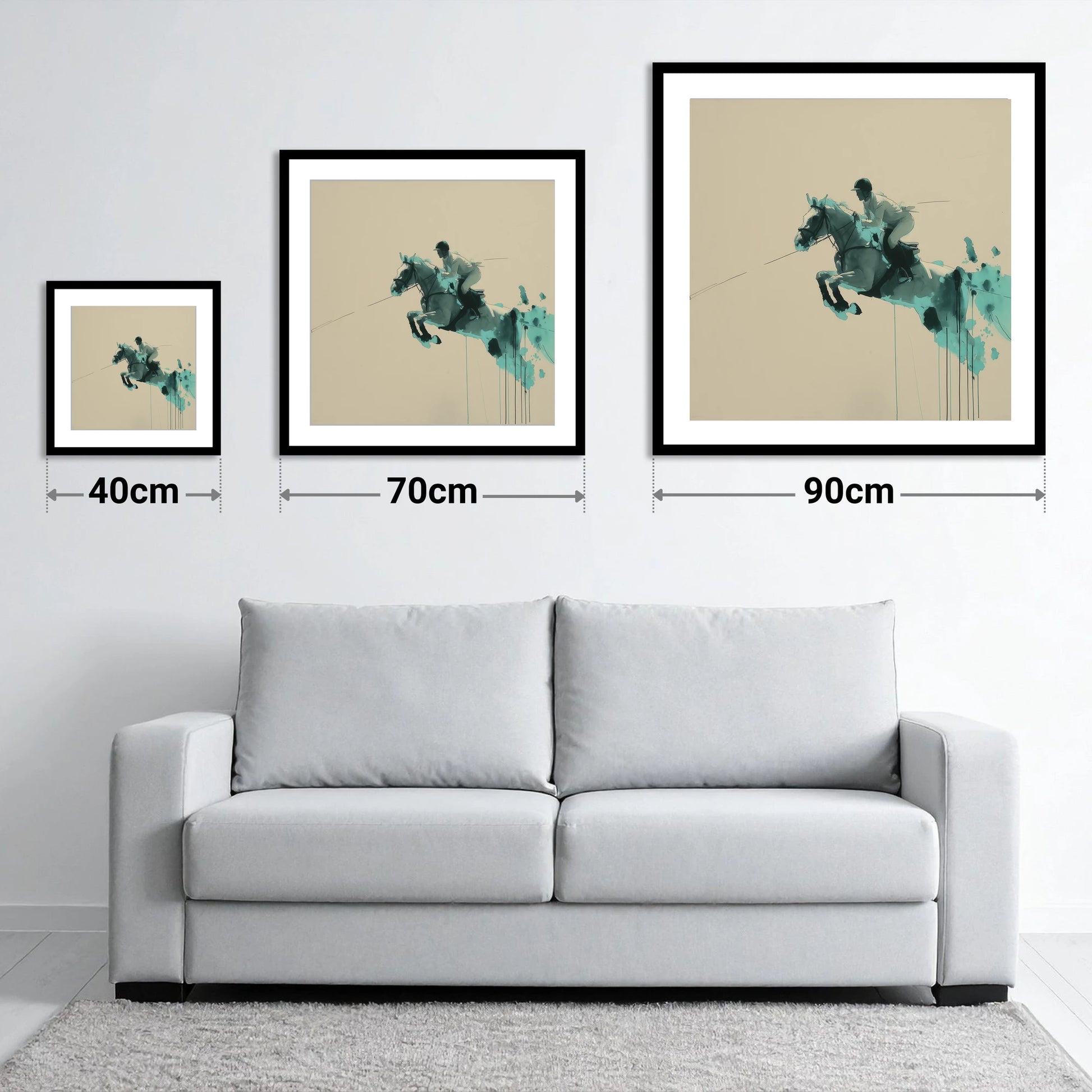 Suspended In Teal - size guide showing 40cm, 70cm and 90cm art prints