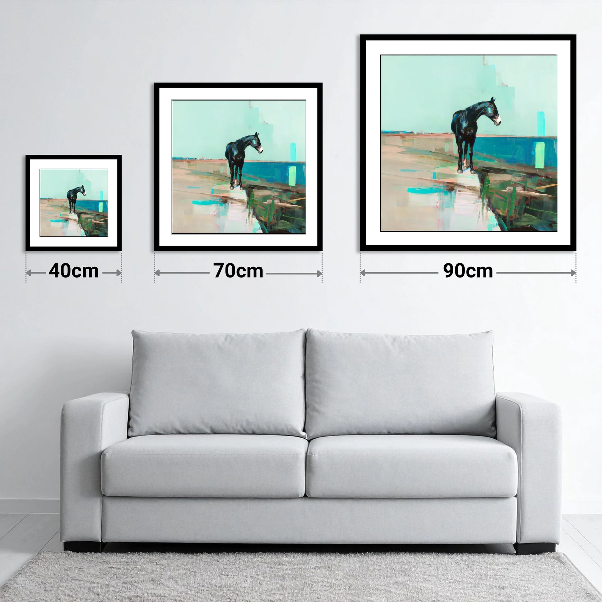 Silent Teal Horizon - size guide showing 40cm, 70cm and 90cm art prints