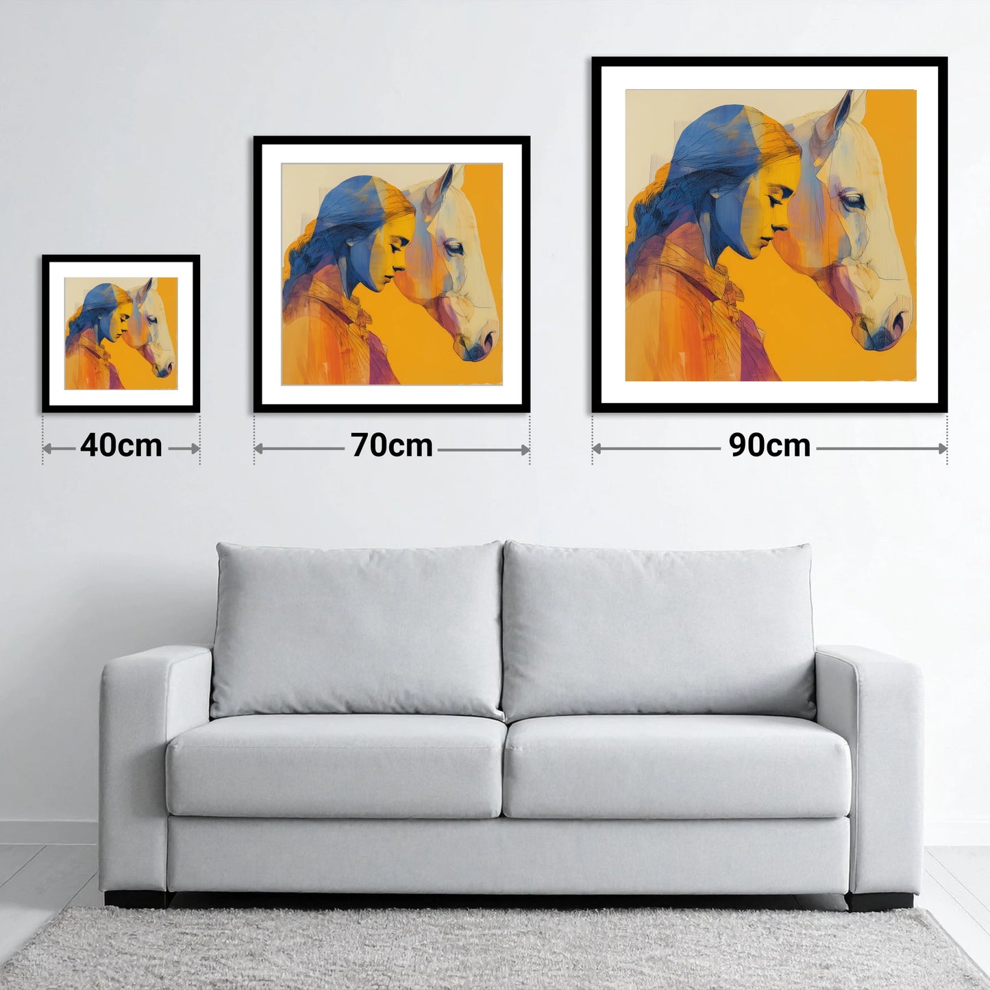 Amber Embrace - size guide showing 40cm, 70cm and 90cm art prints