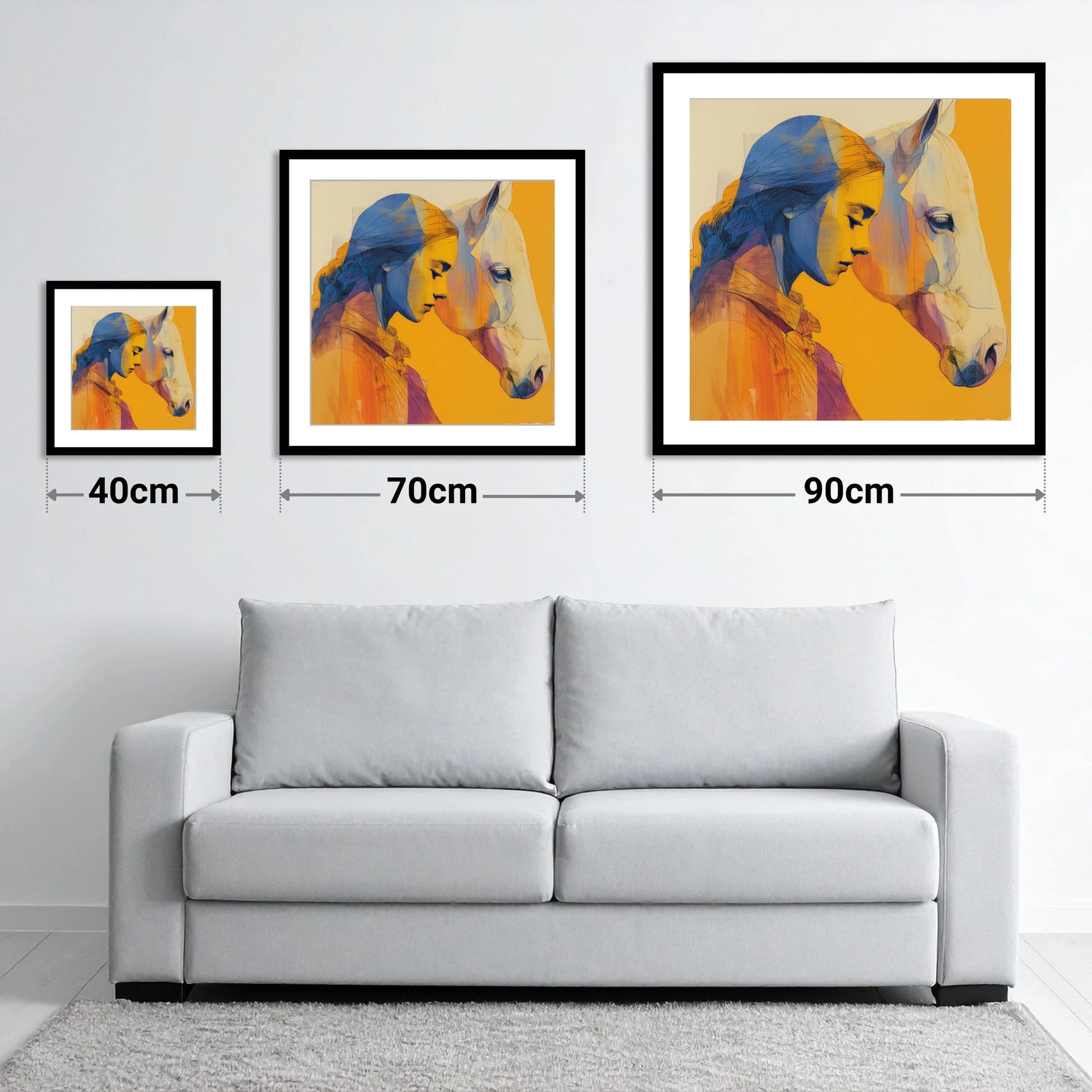 Amber Embrace - size guide showing 40cm, 70cm and 90cm art prints