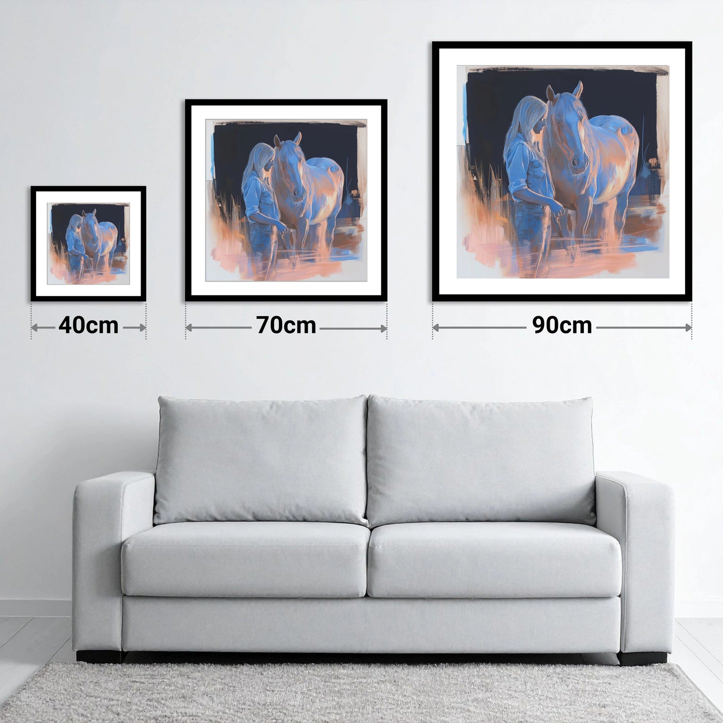 A Quiet Understanding - size guide showing 40cm, 70cm and 90cm art prints
