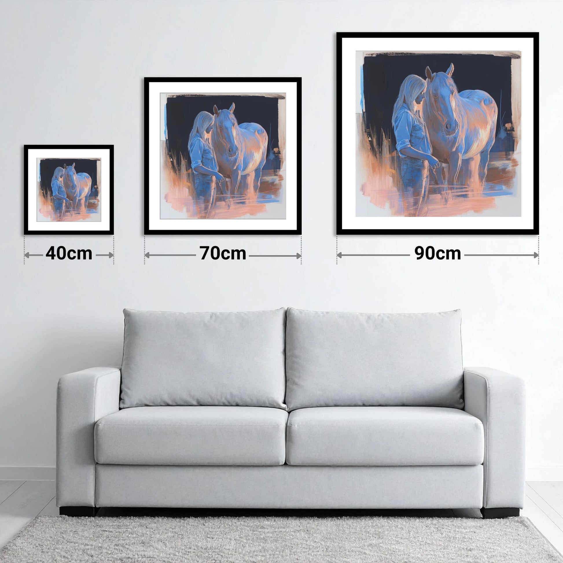 A Quiet Understanding - size guide showing 40cm, 70cm and 90cm art prints