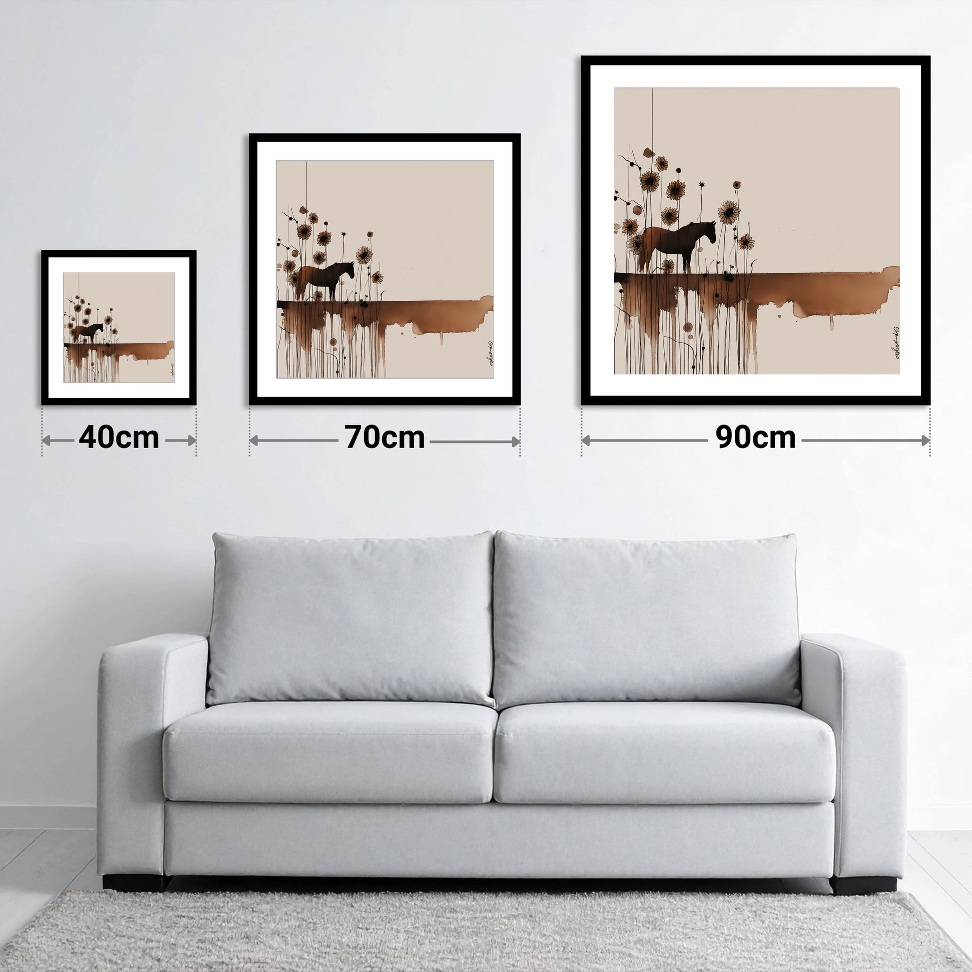 Sepia Sunflower Silhouette - size guide showing 40cm, 70cm and 90cm art prints