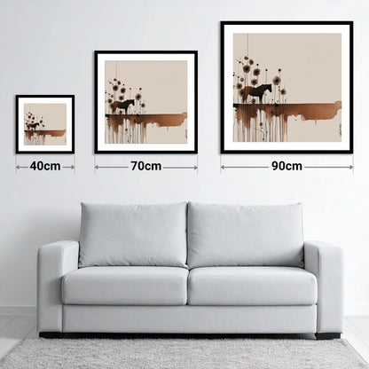 Sepia Sunflower Silhouette - size guide showing 40cm, 70cm and 90cm art prints