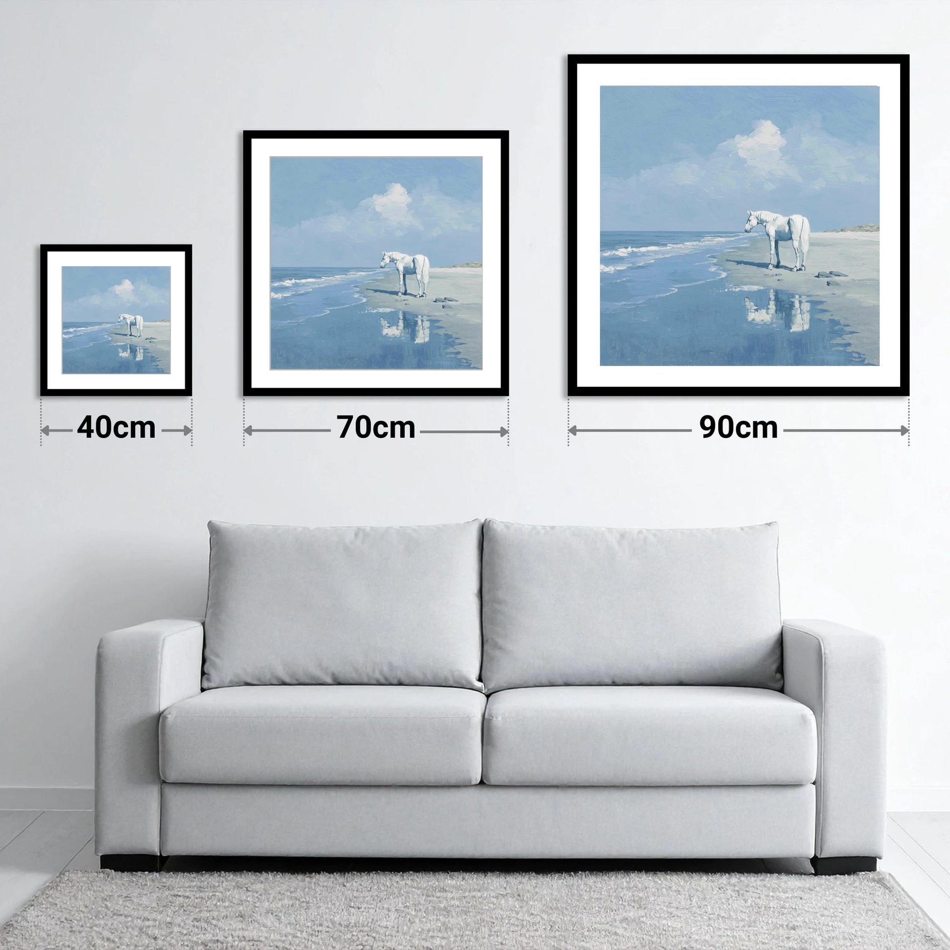 Reflections at Ebb Tide - size guide showing 40cm, 70cm and 90cm art prints