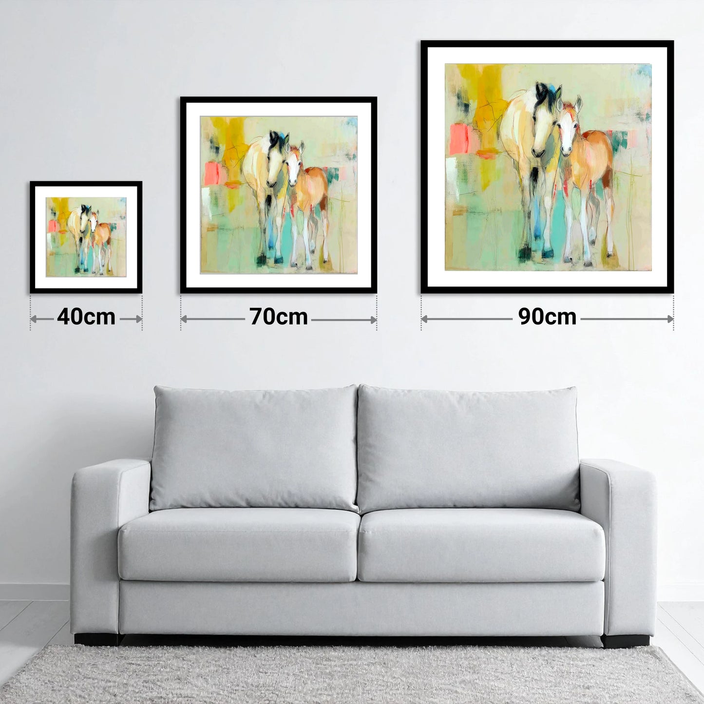 Gentle Nurture - size guide showing 40cm, 70cm and 90cm art prints