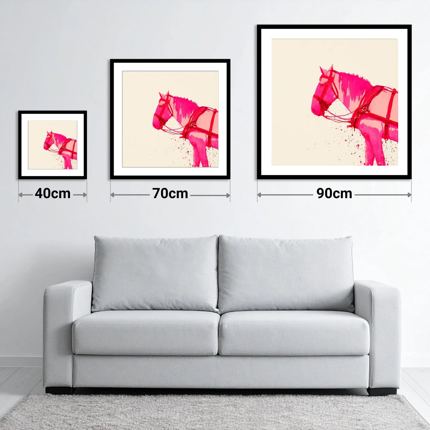 Vibrant Harness Profile - size guide showing 40cm, 70cm and 90cm art prints
