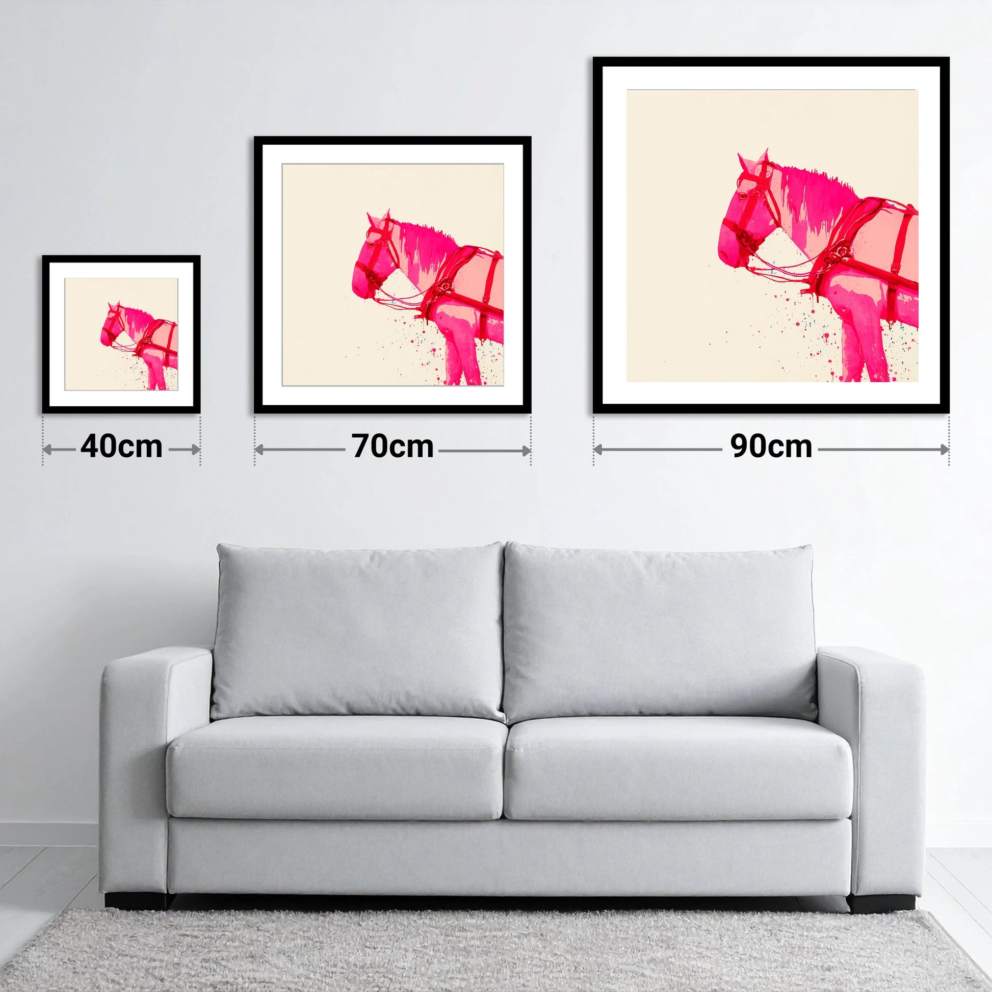 Vibrant Harness Profile - size guide showing 40cm, 70cm and 90cm art prints