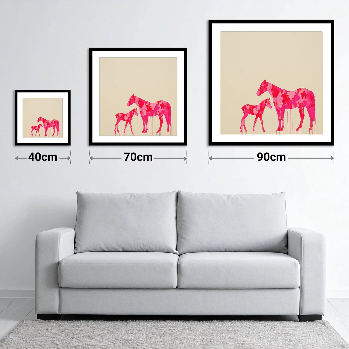 Magenta Mare and Foal - size guide showing 40cm, 70cm and 90cm art prints