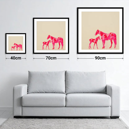 Magenta Mare and Foal - size guide showing 40cm, 70cm and 90cm art prints