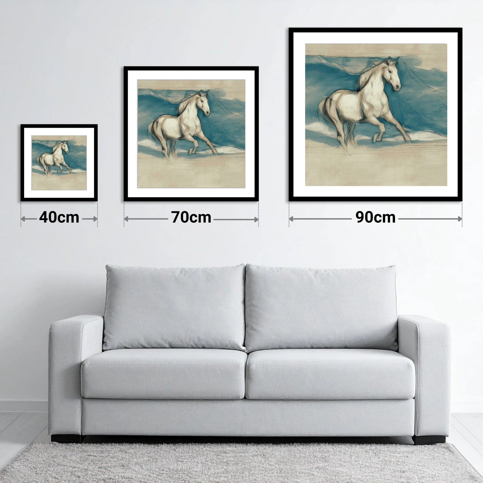 Ethereal Grey Canter - size guide showing 40cm, 70cm and 90cm art prints