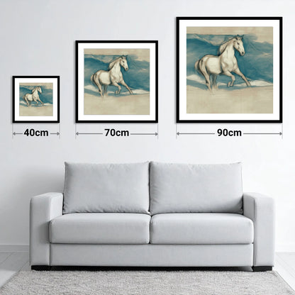 Ethereal Grey Canter - size guide showing 40cm, 70cm and 90cm art prints