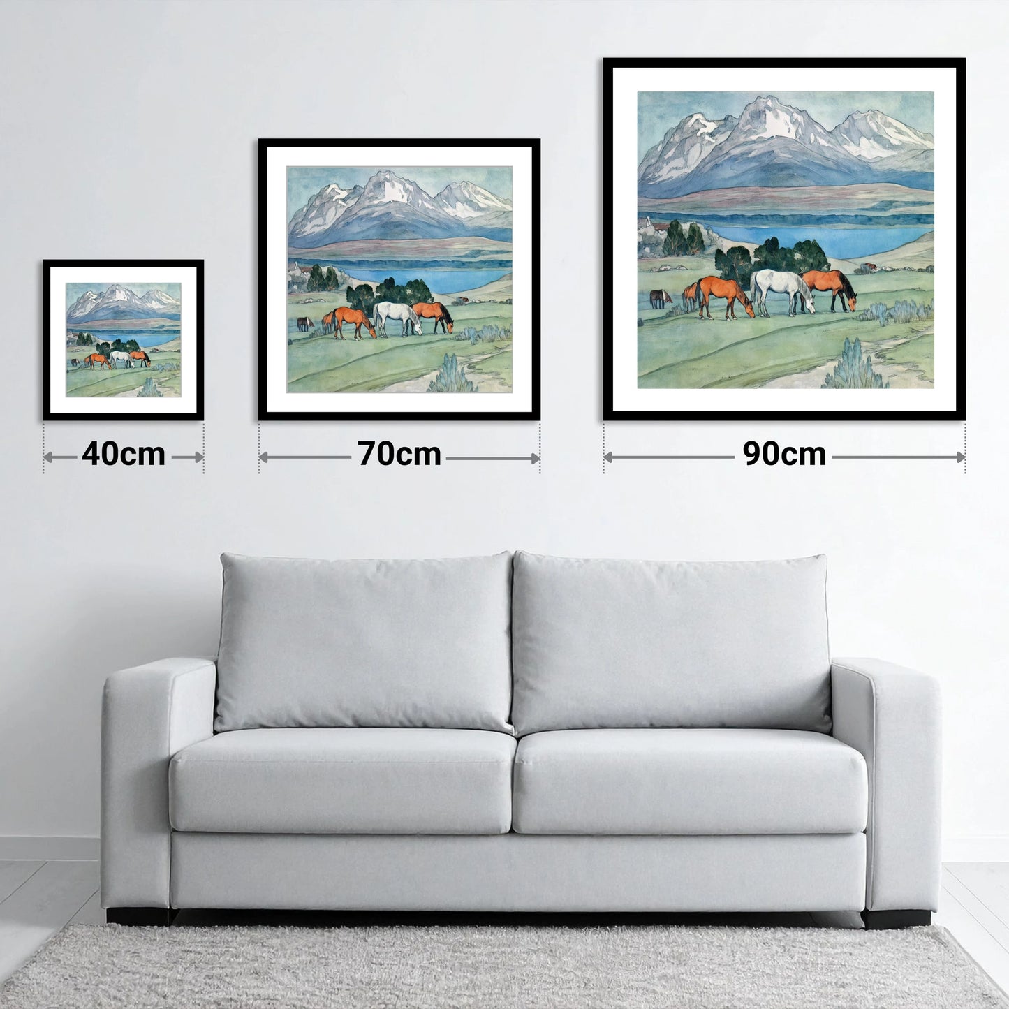 Alpine Lake Pastures - size guide showing 40cm, 70cm and 90cm art prints