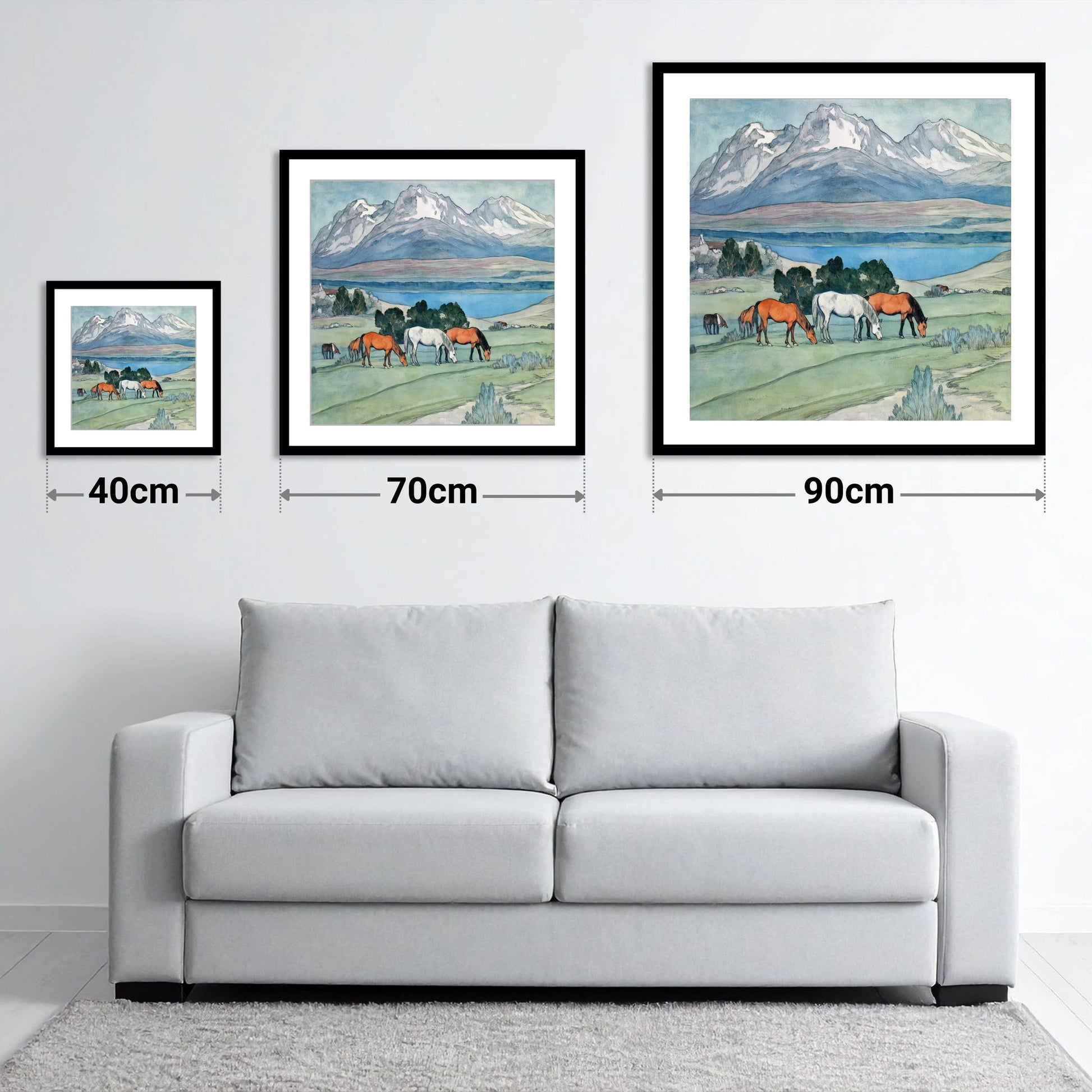 Alpine Lake Pastures - size guide showing 40cm, 70cm and 90cm art prints