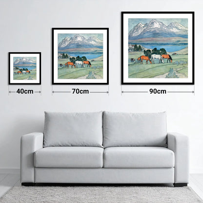 Alpine Lake Pastures - size guide showing 40cm, 70cm and 90cm art prints