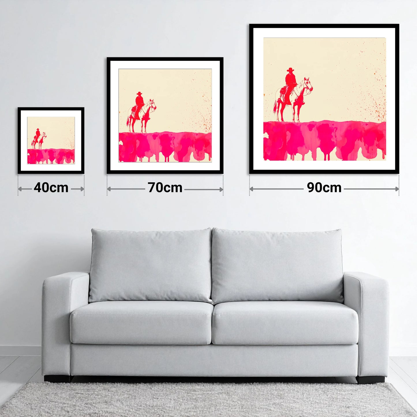 Crimson Frontier - size guide showing 40cm, 70cm and 90cm art prints