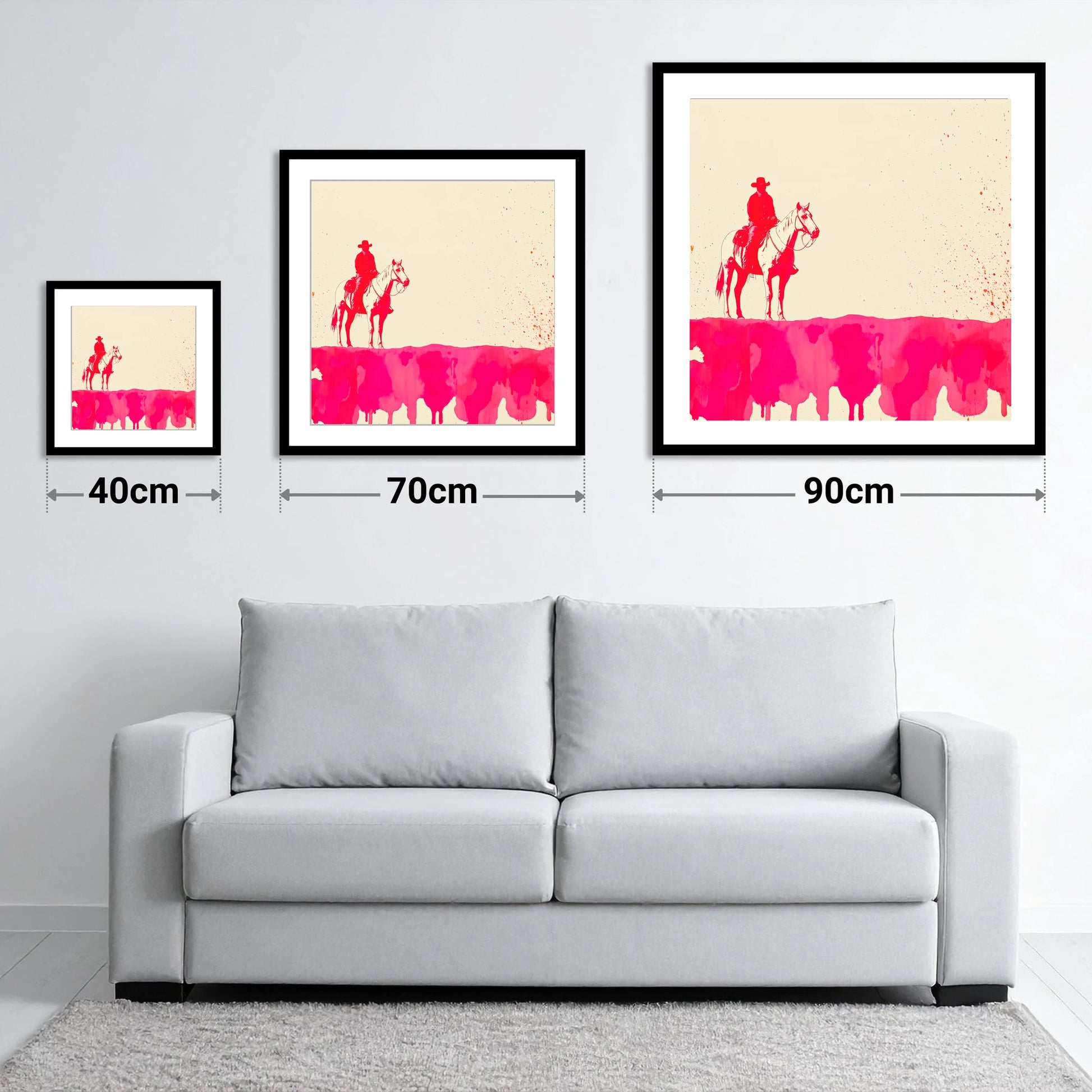 Crimson Frontier - size guide showing 40cm, 70cm and 90cm art prints