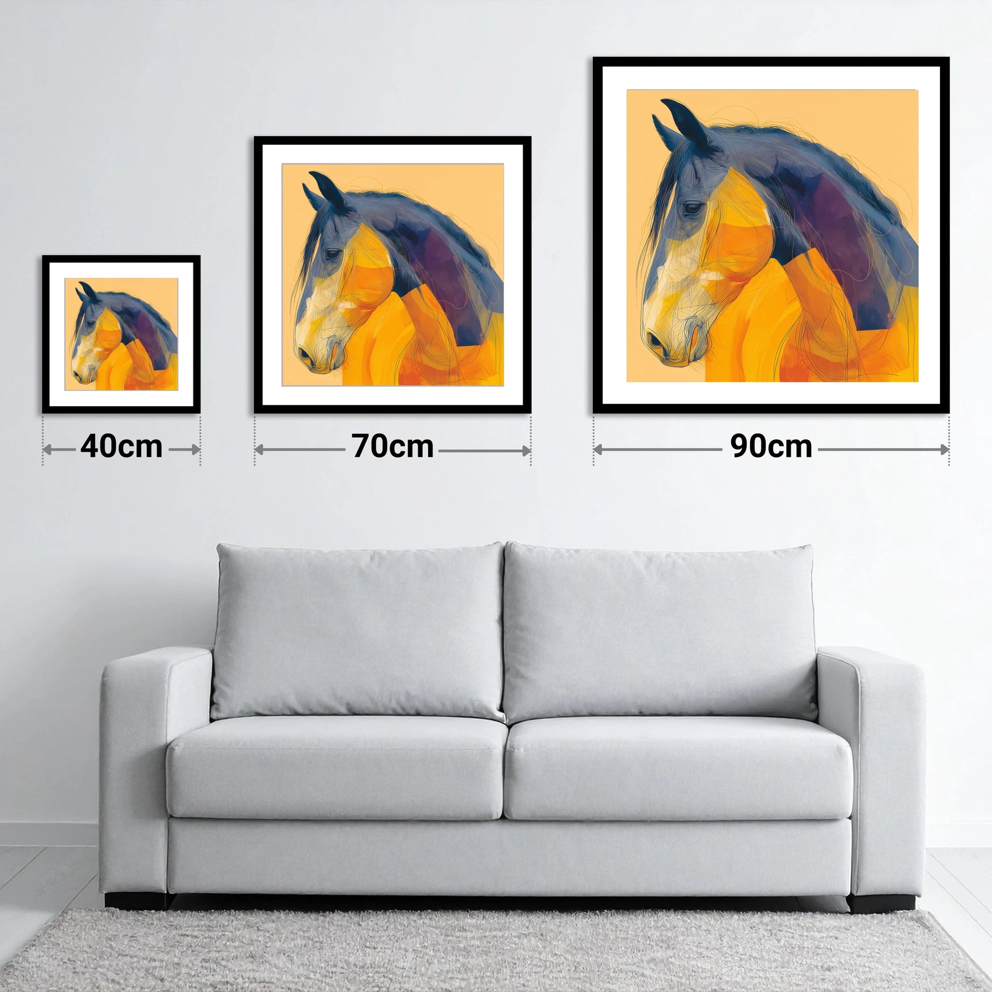 Vivid Cobalt Profile - size guide showing 40cm, 70cm and 90cm art prints