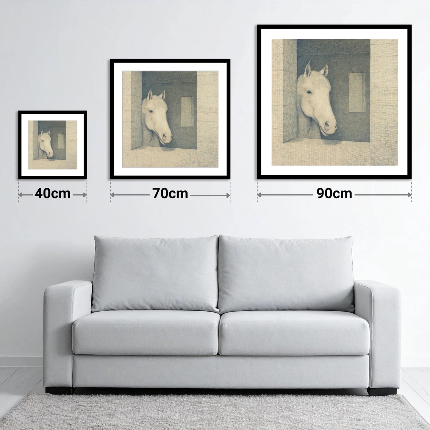 The Quiet Observer - size guide showing 40cm, 70cm and 90cm art prints