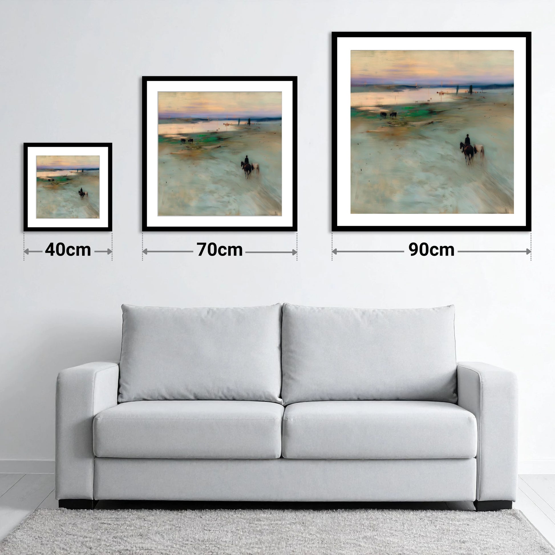 Across the Evening Sands - size guide showing 40cm, 70cm and 90cm art prints
