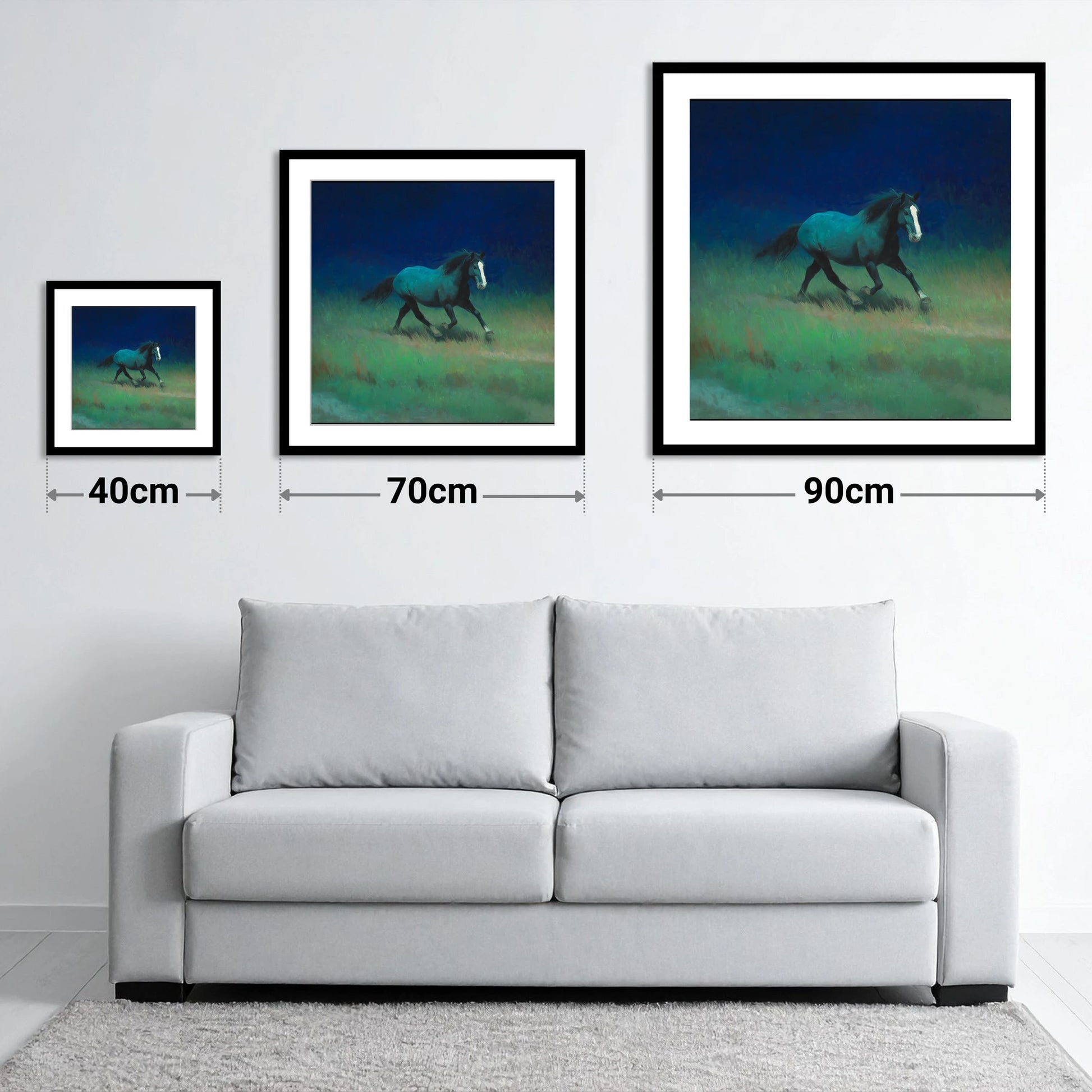 Midnight Canter - size guide showing 40cm, 70cm and 90cm art prints