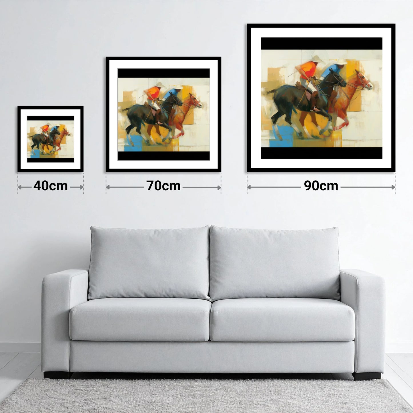 The Final Chukka - size guide showing 40cm, 70cm and 90cm art prints