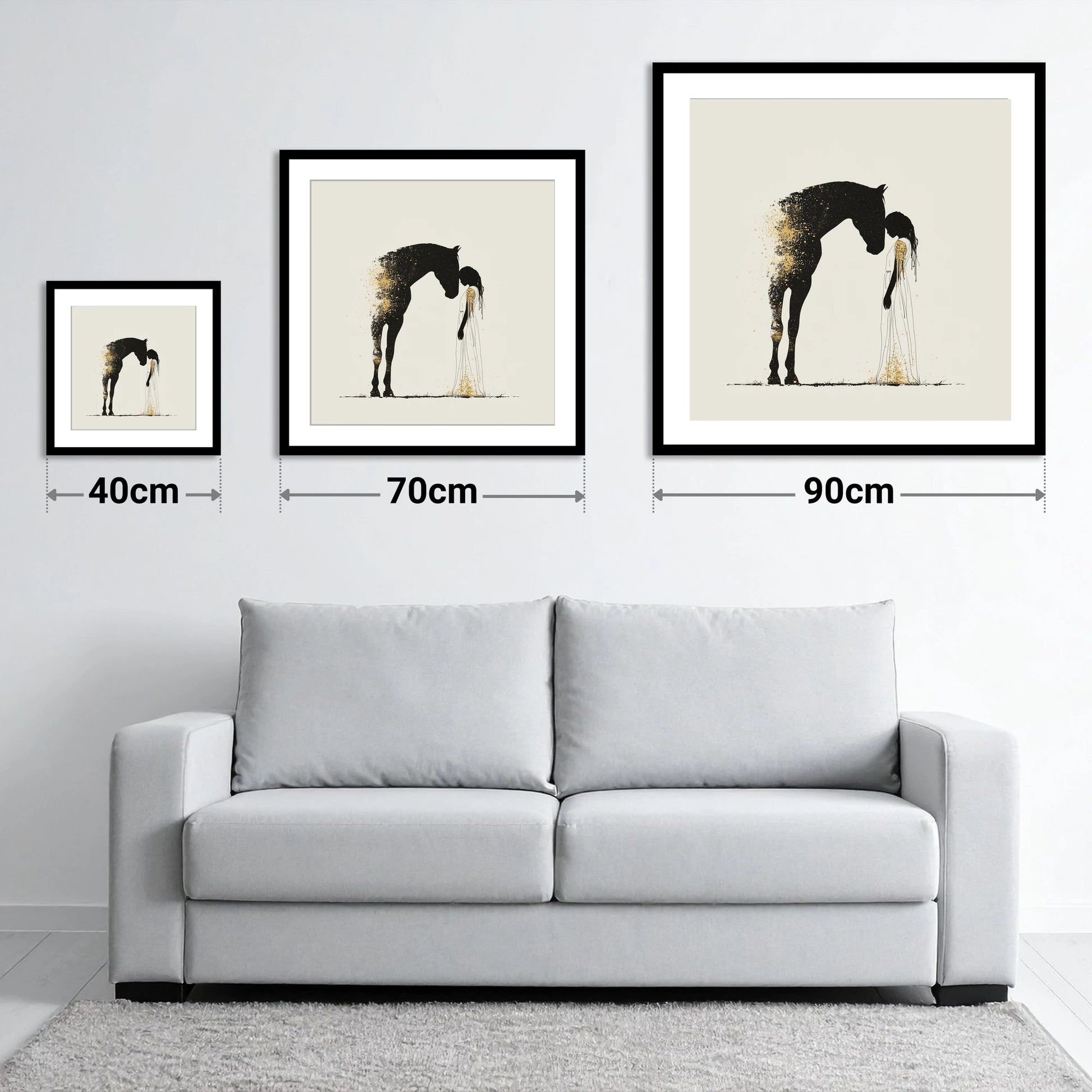 Golden Connection - size guide showing 40cm, 70cm and 90cm art prints