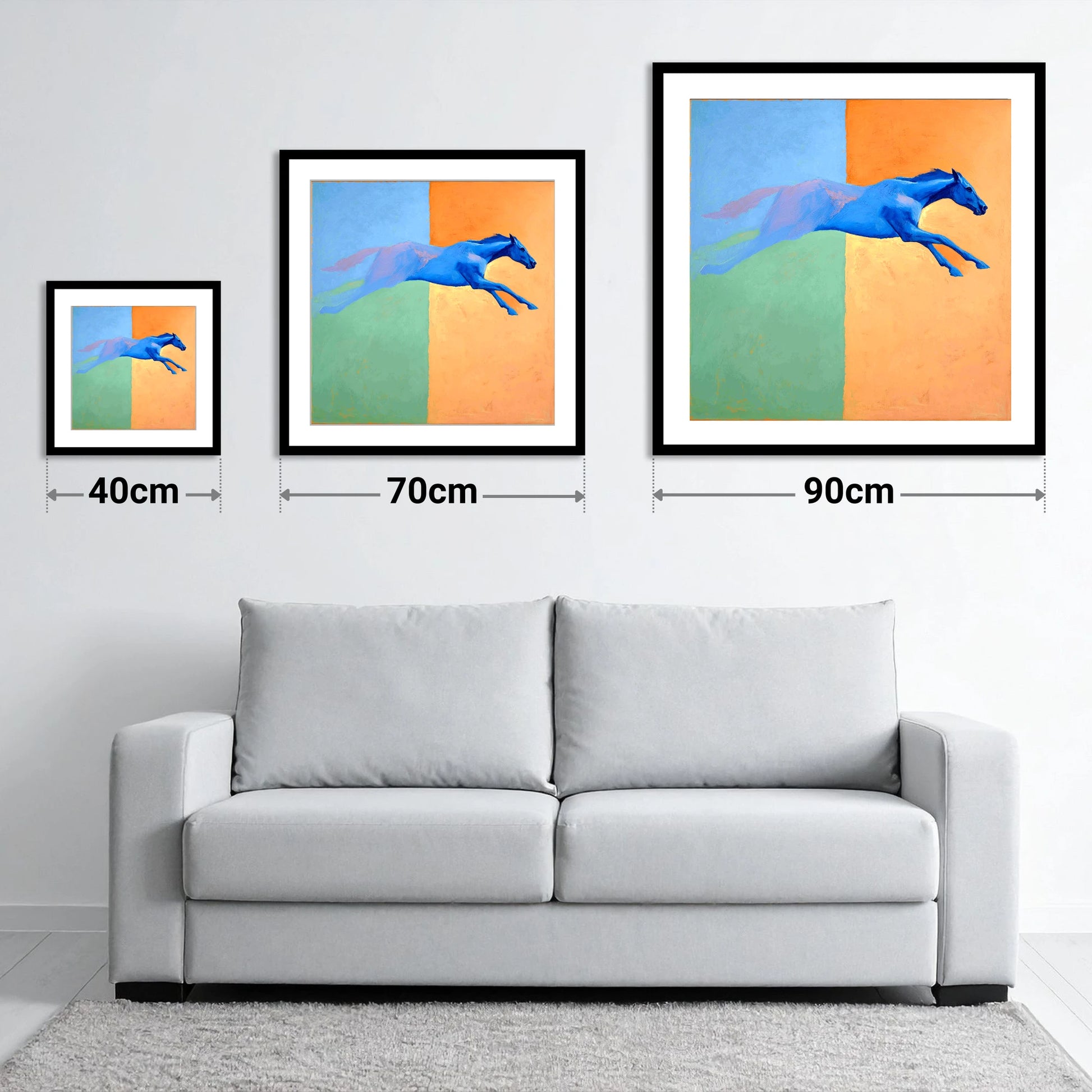 Cobalt Stretch - size guide showing 40cm, 70cm and 90cm art prints