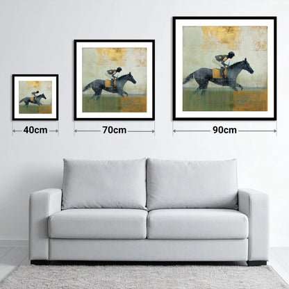The Golden Furlong - size guide showing 40cm, 70cm and 90cm art prints