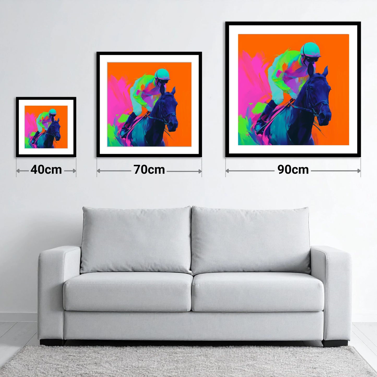 Velocity in Colour - size guide showing 40cm, 70cm and 90cm art prints