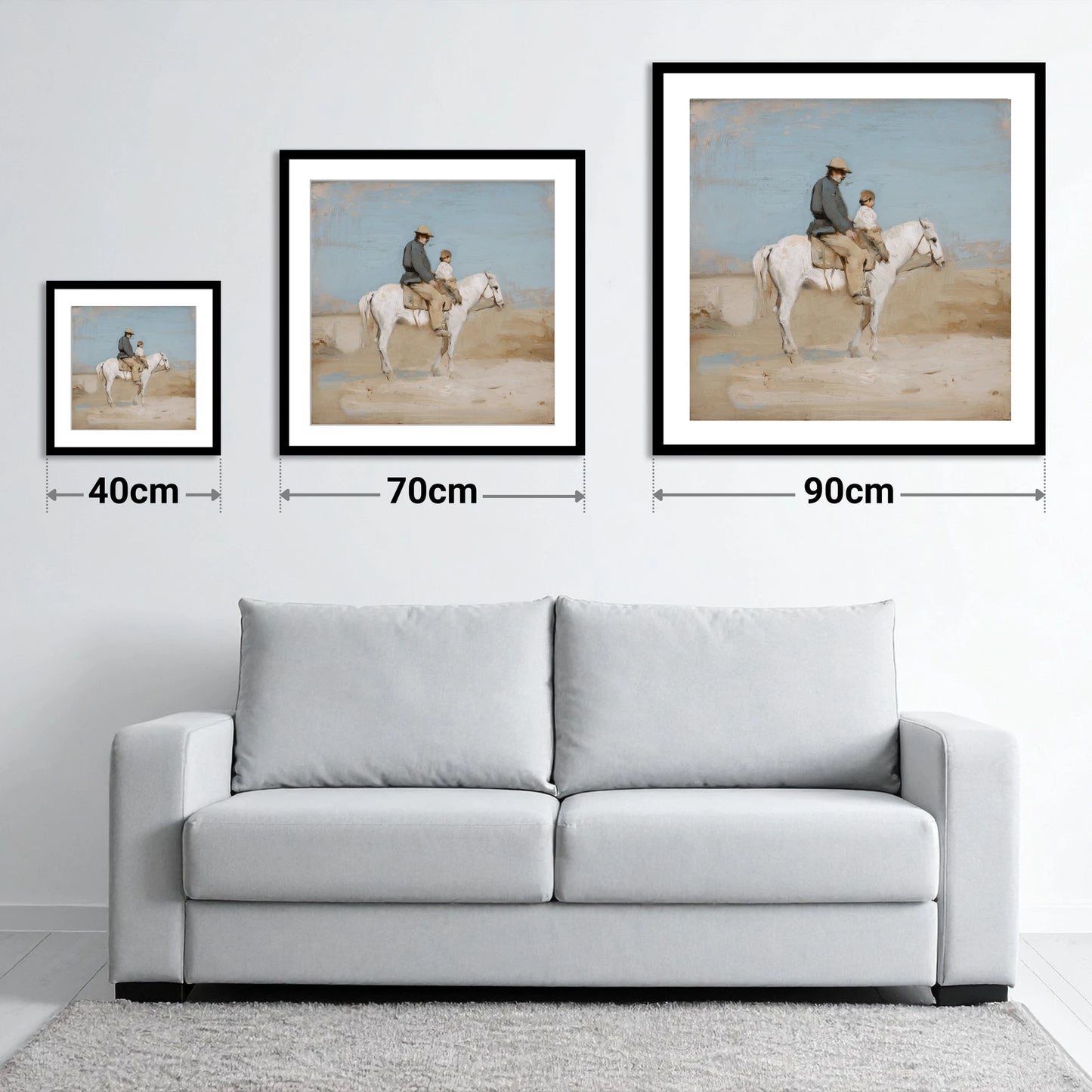 The First Hack - size guide showing 40cm, 70cm and 90cm art prints