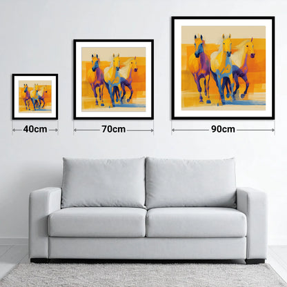 Three Vibrant Strides - size guide showing 40cm, 70cm and 90cm art prints