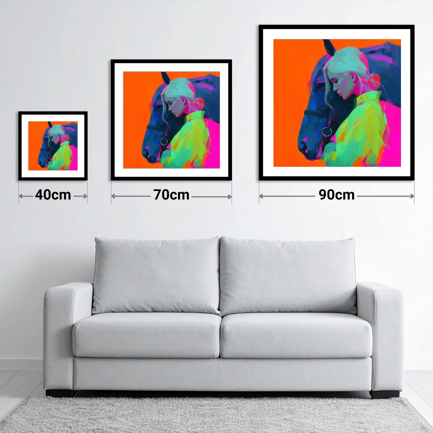 Technicolour Trust - size guide showing 40cm, 70cm and 90cm art prints