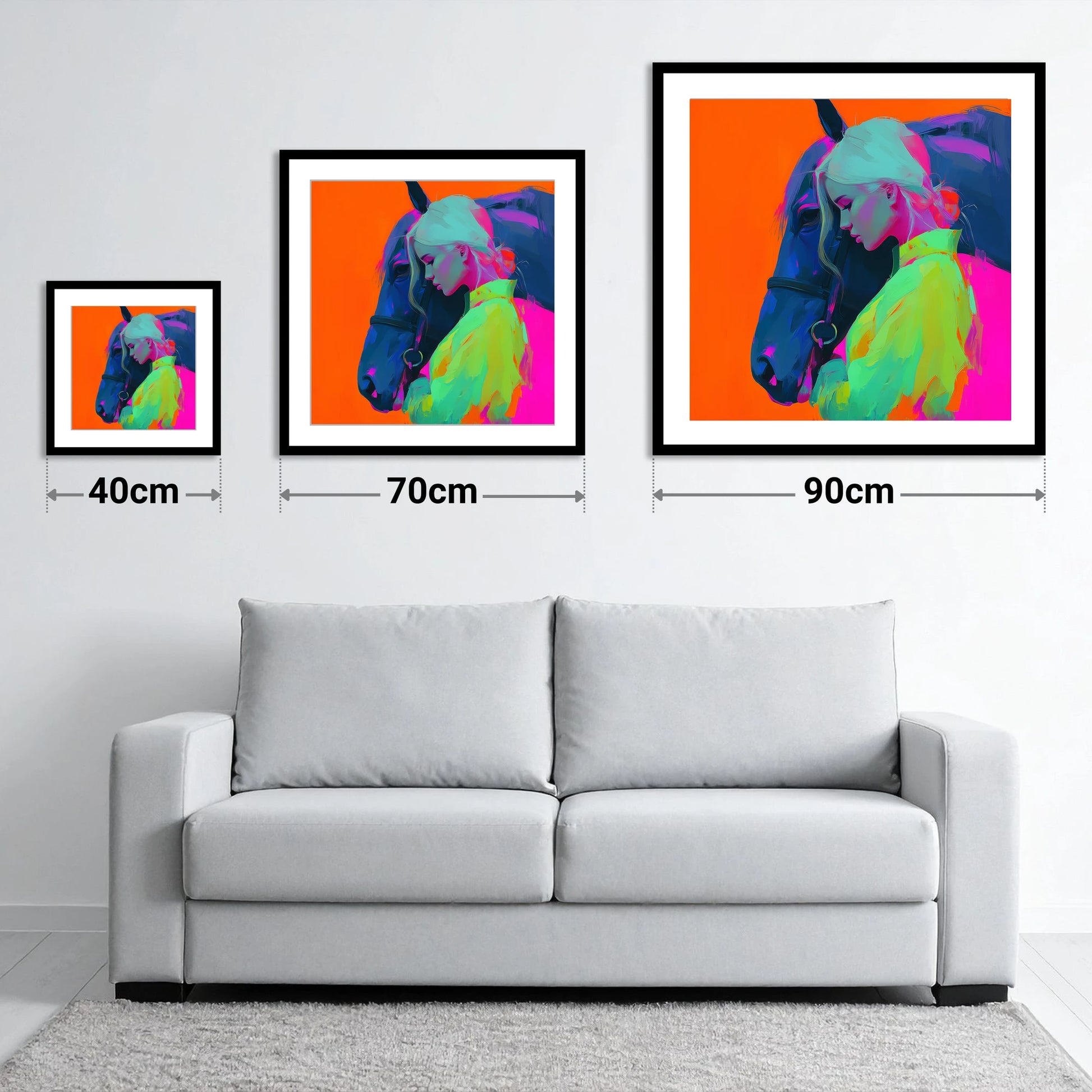 Technicolour Trust - size guide showing 40cm, 70cm and 90cm art prints