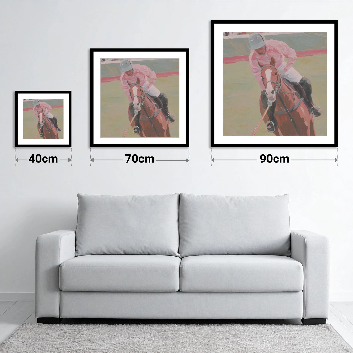 Dusty Pink Pursuit - size guide showing 40cm, 70cm and 90cm art prints