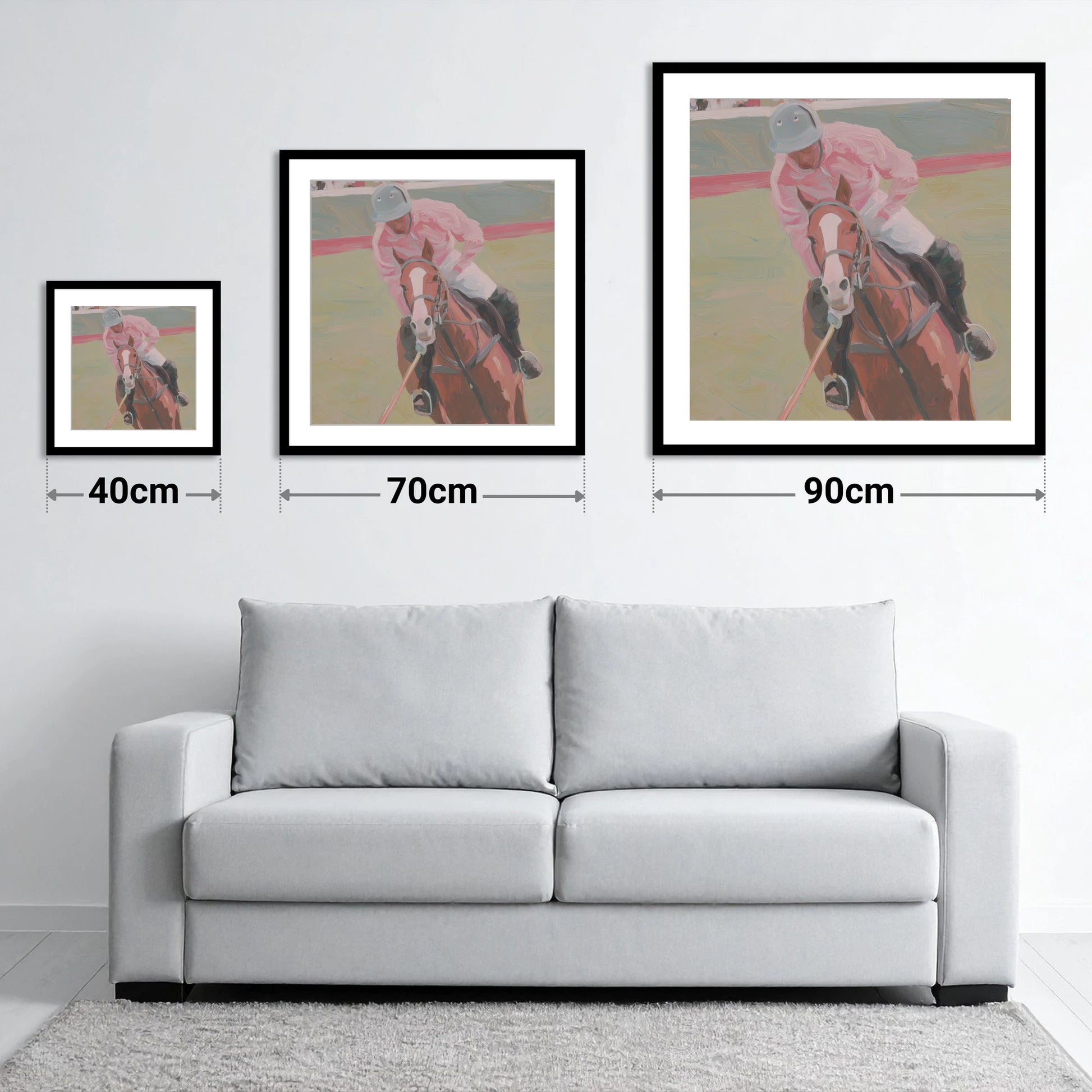 Dusty Pink Pursuit - size guide showing 40cm, 70cm and 90cm art prints