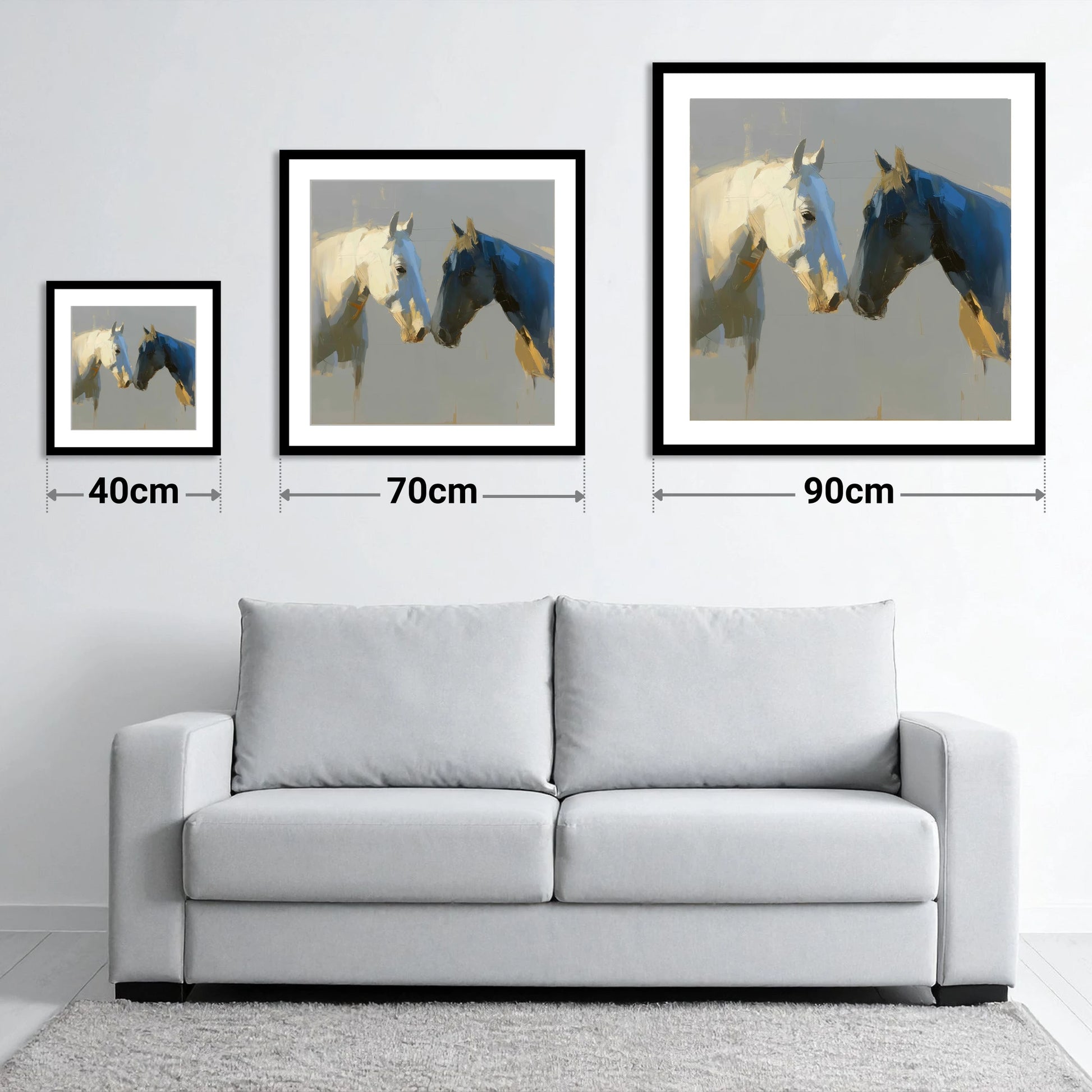 Quiet Encounter - size guide showing 40cm, 70cm and 90cm art prints