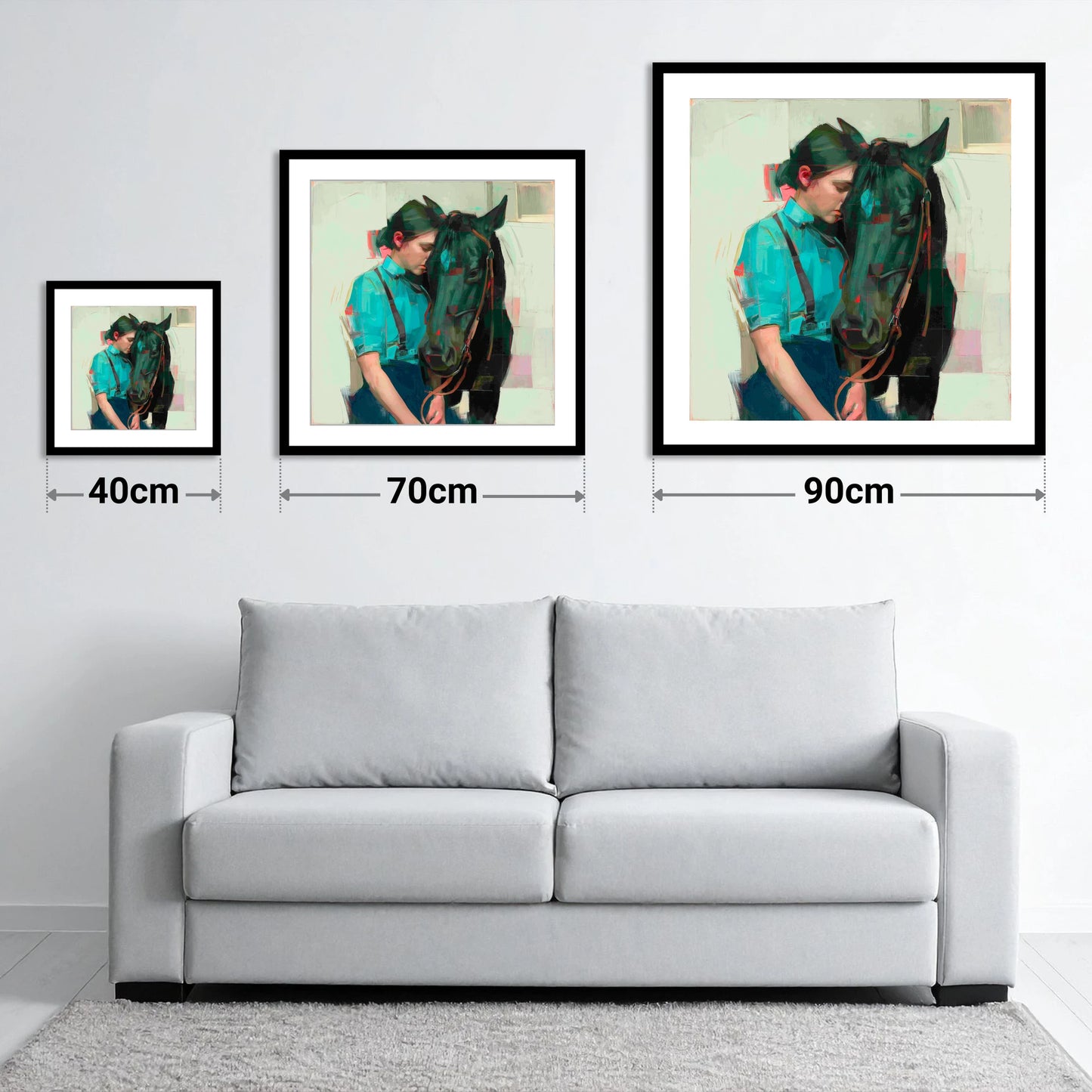 A Quiet Understanding - size guide showing 40cm, 70cm and 90cm art prints