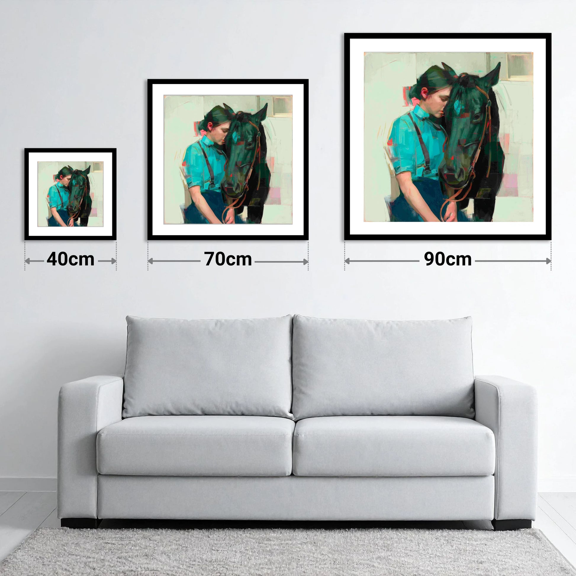 A Quiet Understanding - size guide showing 40cm, 70cm and 90cm art prints