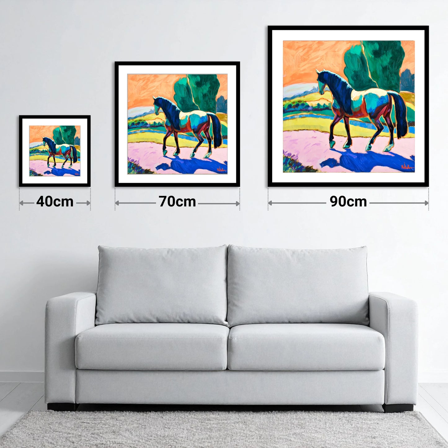 The Cobalt Stride - size guide showing 40cm, 70cm and 90cm art prints