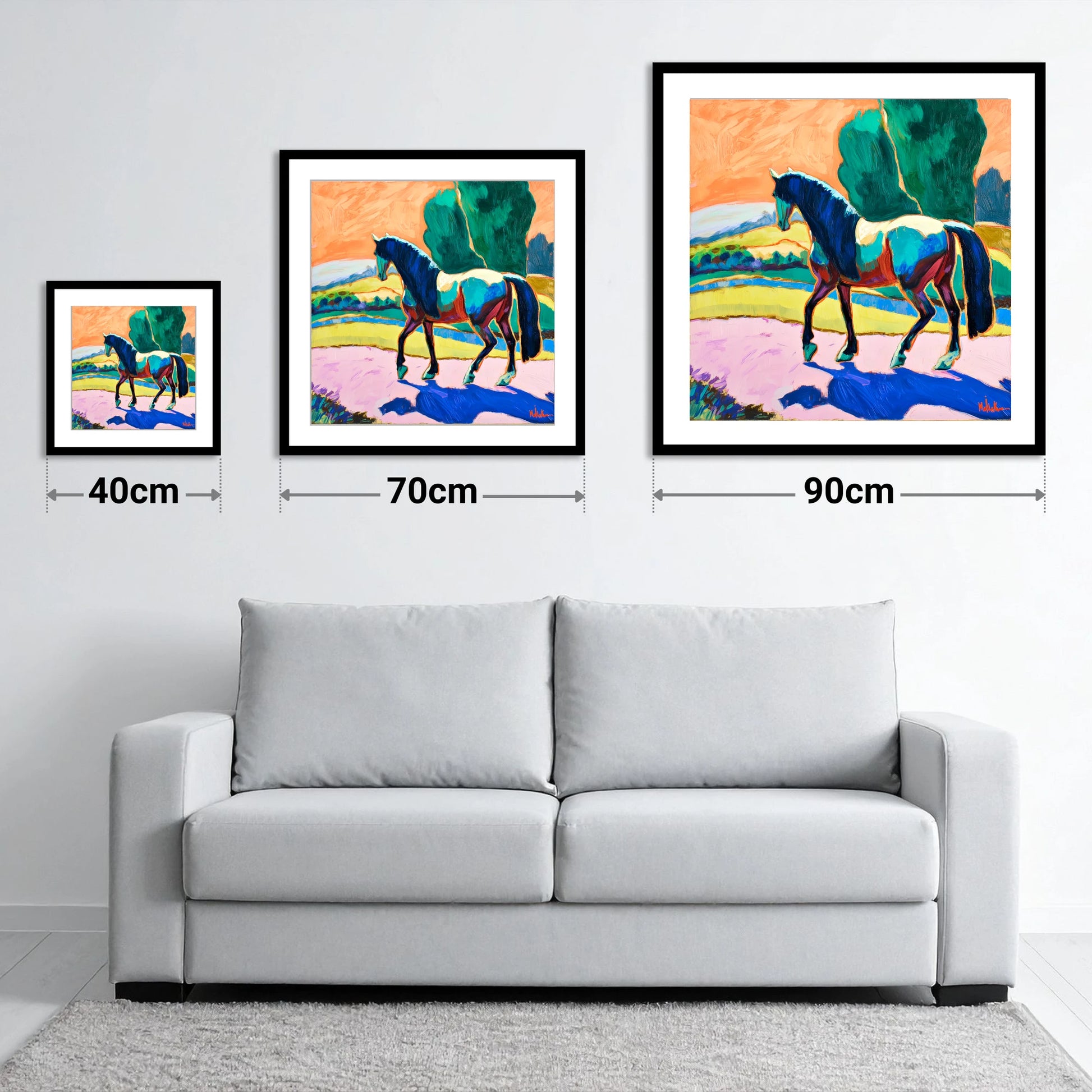 The Cobalt Stride - size guide showing 40cm, 70cm and 90cm art prints