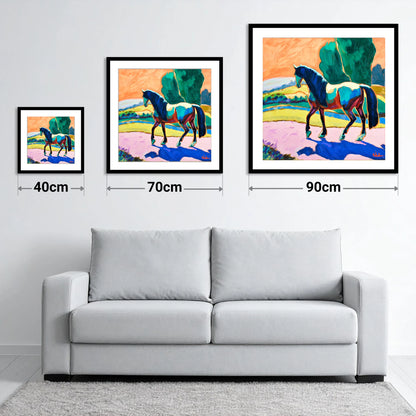 The Cobalt Stride - size guide showing 40cm, 70cm and 90cm art prints