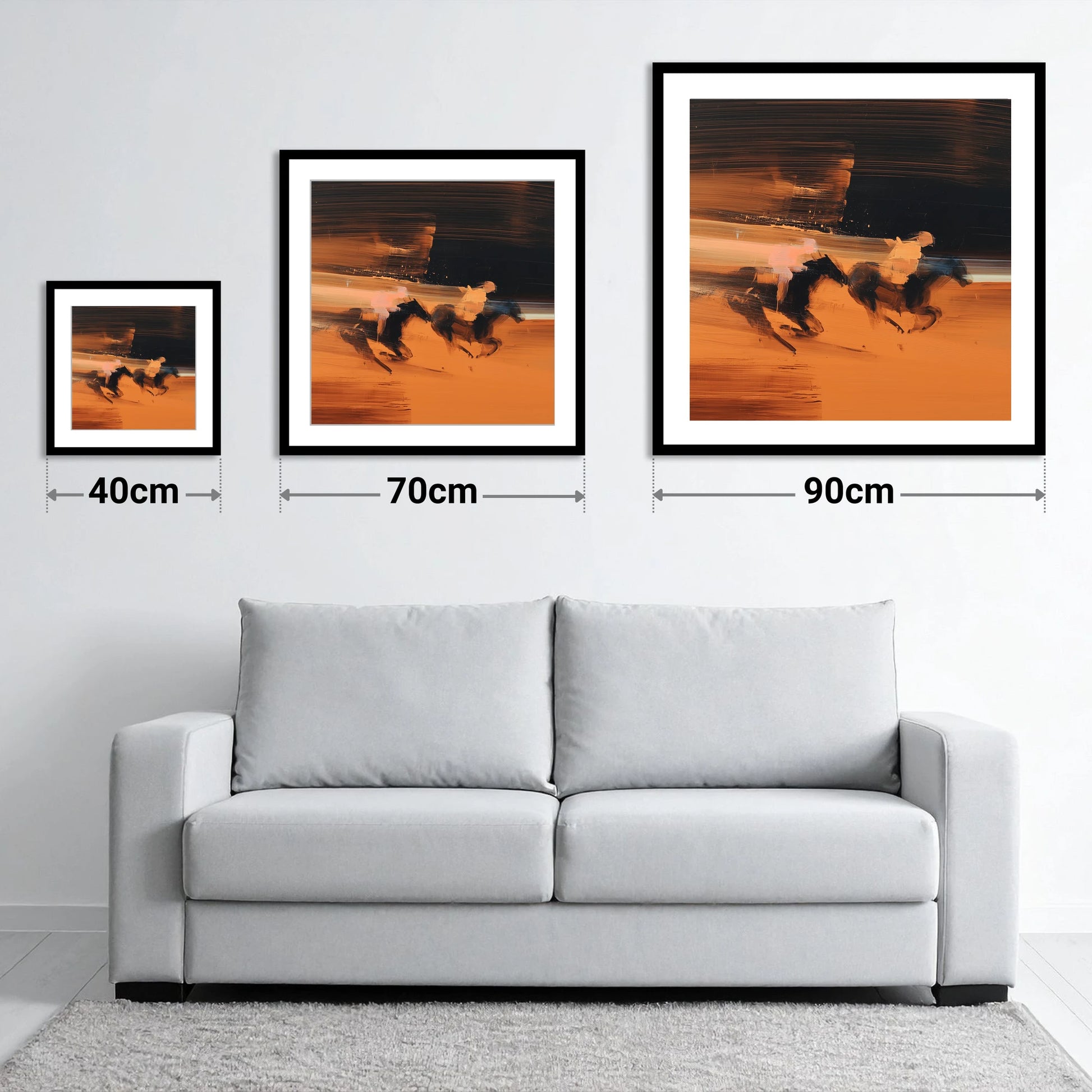 Amber Pursuit - size guide showing 40cm, 70cm and 90cm art prints
